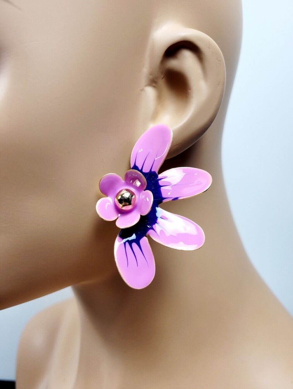 Brand New Gold Tone Pink & Purple Double Flowers Stud Earrings